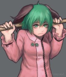 Rule 34 | 1girl, ahoge, animal ears, artist name, breasts, broom, closed mouth, dog ears, dress, envenomist (gengoroumaru), frilled sleeves, frills, green eyes, green hair, grey background, hair between eyes, hands up, highres, holding, holding broom, kasodani kyouko, light frown, long sleeves, looking at viewer, one-hour drawing challenge, pink dress, simple background, small breasts, solo, touhou, upper body