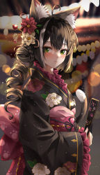 Rule 34 | 1girl, absurdres, ahoge, animal ear fluff, animal ears, black hair, black ribbon, blurry, blush, braid, cat ears, cat tail, curly hair, depth of field, floral print, flower, folded fan, folding fan, frilled sleeves, frills, green eyes, hair flower, hair ornament, hand fan, highres, holding, holding fan, japanese clothes, karyl (new year) (princess connect!), karyl (princess connect!), kim leeyoon, kimono, light particles, long sleeves, looking at viewer, multicolored hair, obi, princess connect!, ribbon, sash, solo, streaked hair, tail, two-tone hair, white hair