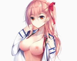 Rule 34 | 1girl, alister, asymmetrical bangs, bad id, bad pixiv id, blush, bow, breasts, brown eyes, closed mouth, expressionless, girls&#039; frontline, hair between eyes, hair bow, hair ribbon, long hair, long sleeves, looking at viewer, medium breasts, negev (girls&#039; frontline), nipples, no bra, one side up, open clothes, open shirt, pink hair, red bow, red ribbon, ribbon, shirt, simple background, solo, tsurime, upper body, white background