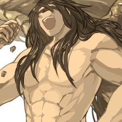 Rule 34 | 1boy, abs, arm at side, bad id, bad pixiv id, bare arms, bare back, bare shoulders, biceps, black blindfold, blindfold, brown hair, collarbone, covered eyes, elona, facing viewer, hair over shoulder, hand up, harusame (rueken), holding, holding rock, long hair, lowres, male focus, opatos of earth, open mouth, rock, simple background, solo, teeth, toned, toned male, upper body, upper teeth only, very long hair, white background, wings