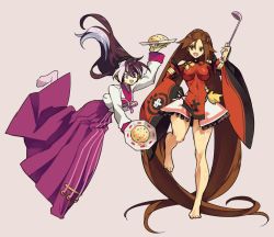 Rule 34 | 2girls, absurdly long hair, alternate hairstyle, barefoot, black hair, breasts, breasts apart, brown eyes, brown hair, china dress, chinese clothes, detached sleeves, dress, flat chest, food, fried rice, grey hair, guilty gear, guilty gear xrd, hair down, headphones, impossible clothes, impossible dress, jako (toyprn), korean clothes, kum haehyun, kuradoberi jam, ladle, large breasts, long hair, miniskirt, multicolored hair, multiple girls, plate, purple eyes, red dress, skirt, thighs, toes, tripping, twintails, two-tone hair, very long hair, wide sleeves