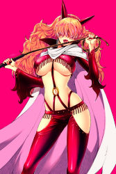 Rule 34 | 1girl, blonde hair, breasts, chaps, cloak, earrings, fringe trim, hair over eyes, horns, huge breasts, impel down, jewelry, jii, leather, licking, long hair, long sleeves, nail polish, navel, one piece, pink background, red nails, sadi-chan, saliva, shiny clothes, skin tight, solo, standing, tongue, underboob, whip