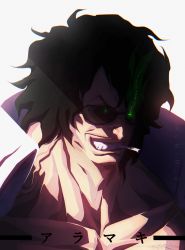 Rule 34 | 1boy, absurdres, aramaki (ryokugyu), artist request, black hair, cigarette, facial hair, green background, grin, highres, looking to the side, military, military uniform, muscular, one piece, open mouth, pants, pectorals, shaded face, short hair, simple background, smile, sunglasses, translation request, uniform, upper body