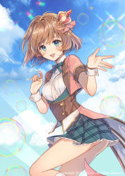 Rule 34 | 1girl, bad id, bad pixiv id, blue eyes, blue sky, blush, breasts, brown hair, bubble, cloud, day, fortissimo, glint, hair ornament, hat, laurelfalcon, miniskirt, musical note, musical note hair ornament, official art, open mouth, outdoors, plaid, plaid skirt, short hair, short sleeves, sid story, skirt, sky, small breasts, solo, standing, tilted headwear, treble clef, watermark, wrist cuffs