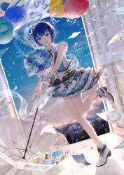 1girl balloon blue_eyes blue_flower blue_hair bouquet flower frilled_skirt frills full_body gloves hair_ornament highres holding holding_bouquet kiritani_haruka koppan layered_skirt looking_at_viewer parted_lips project_sekai shirt short_hair skirt sky sleeveless smile solo standing standing_on_one_leg transparent umbrella white_gloves window