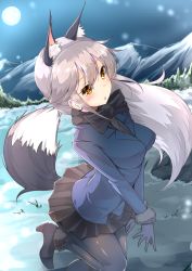 Rule 34 | 10s, 1girl, :o, animal ears, arm at side, bad id, bad pixiv id, black bow, black bowtie, black footwear, black pantyhose, black skirt, blue gloves, blue jacket, bow, bowtie, breasts, cowboy shot, dress shirt, fox ears, fox tail, full moon, fur-trimmed sleeves, fur trim, gloves, grass, high heels, highres, inu3, jacket, kemono friends, leg up, legs together, long hair, long sleeves, looking at viewer, medium breasts, miniskirt, moon, mountain, night, night sky, outdoors, pantyhose, pleated skirt, rock, shirt, shoes, sidelocks, silver fox (kemono friends), silver hair, skirt, sky, snow, solo, standing, standing on one leg, tail, v arms, yellow eyes