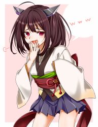 Rule 34 | 1girl, ahoge, blush, brown hair, commentary request, cowboy shot, hand to own mouth, headgear, japanese clothes, kimono, laughing, looking at viewer, medium hair, obi, open mouth, pink eyes, pleated skirt, sash, short kimono, skirt, smile, smug, solo, spoken www, touhoku kiritan, two-tone background, voiceroid, yodare (3yami8)