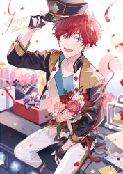 Rule 34 | 1boy, amagi hiiro, bag, black gloves, blue eyes, bouquet, collared shirt, commentary, earrings, ensemble stars!, envelope, fingerless gloves, flower, gift, gloves, happy birthday, hat, holding, holding clothes, holding hat, hoop earrings, jewelry, long sleeves, lower teeth only, male focus, open mouth, pants, pink flower, purple ribbon, red flower, red hair, ribbon, seuga, shirt, shopping bag, short hair, sitting, solo, spade (shape), symbol-only commentary, teeth, white pants