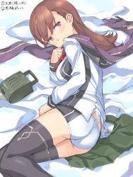 Rule 34 | 10s, 1girl, ass, black thighhighs, blush, brown hair, cosplay, highres, kantai collection, kuroki rei, kuroki rei (cosplay), legs, long hair, lying, michairu, ooi (kancolle), panties, purple eyes, scarf, short shorts, shorts, solo, thighhighs, translation request, underwear, vividred operation