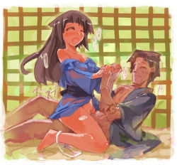 Rule 34 | 1boy, 1girl, barefoot, blush, breasts, cleavage, closed eyes, clothed sex, couple, cowgirl position, feet, girl on top, hetero, japanese clothes, kimono, medium breasts, okome rice, open mouth, original, panties, panties around leg, sex, short kimono, sketch, sound effects, straddling, text focus, uncensored, underwear, vaginal
