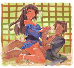 1boy 1girl barefoot blush breasts cleavage closed_eyes clothed_sex couple cowgirl_position feet girl_on_top hetero japanese_clothes kimono medium_breasts okome_rice open_mouth original panties panties_around_leg sex short_kimono sketch sound_effects straddling text_focus uncensored underwear vaginal