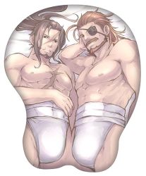 Rule 34 | 2boys, abs, bandages, bara, bare pectorals, beard, brown hair, bulge, bulge mousepad, eugen (granblue fantasy), eyepatch, facial hair, from below, granblue fantasy, loincloth, long hair, looking at viewer, male focus, mature male, mousepad (medium), multiple boys, muscular, muscular male, mustache, nipples, norazo, on bed, pectorals, ponytail, rackam (granblue fantasy), revealing clothes, scar, scar on chest, thick thighs, thighs