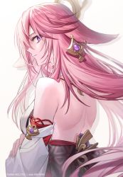 Rule 34 | 1girl, back, bare shoulders, breasts, closed mouth, commentary request, coyucom, detached sleeves, from behind, genshin impact, highres, large breasts, long hair, looking at viewer, looking back, pink hair, pixiv id, purple eyes, simple background, solo, twitter username, upper body, white background, yae miko