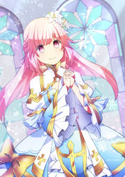 Rule 34 | 1girl, arch bishop (ragnarok online), blue dress, blush, bow, braid, closed mouth, commentary request, cowboy shot, cross, dress, dress bow, dutch angle, flower, french braid, frilled dress, frilled sleeves, frills, gold trim, hair flower, hair ornament, juliet sleeves, long hair, long sleeves, looking at viewer, official alternate costume, own hands together, pink eyes, pink hair, puffy sleeves, ragnarok online, shiraazuma, smile, solo, stained glass, two-tone dress, white dress, white flower, yellow bow