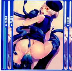 Rule 34 | 1girl, ahegao, ass, atlus, censored, cum, elizabeth (persona), fucked silly, gloves, hat, highres, looking back, mara (megami tensei), misplaced genitals, mosaic censoring, naughty face, no panties, open mouth, orange eyes, penis, penis head, persona, persona 3, pointless censoring, rape, shadow, short hair, solo, tasaka shinnosuke, tears, tentacle sex, tentacles, vaginal, white hair