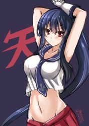 Rule 34 | 10s, 1girl, armpits, arms up, artist name, black background, black hair, blush, breasts, dated, gloves, groin, highres, kantai collection, long hair, looking at viewer, midriff, navel, ponytail, red eyes, school uniform, serafuku, simple background, skirt, solo, stomach, the-sinner, white gloves, yahagi (kancolle)