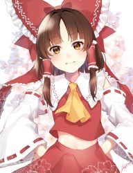 Rule 34 | 1girl, artist name, ascot, bad id, bad twitter id, bare shoulders, blush, bow, branch, brown eyes, brown hair, cherry blossoms, closed mouth, collared shirt, detached sleeves, eyelashes, floral background, flower, frills, hair ornament, hair tubes, hakurei reimu, hands on own hips, highres, jill 07km, long sleeves, looking at viewer, navel, pink flower, red bow, red shirt, red skirt, shirt, short hair, skirt, smile, solo, standing, touhou, white background, white flower, wide sleeves, yellow ascot