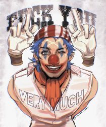 Rule 34 | 1boy, absurdres, arms behind back, ascot, blue eyes, blue hair, bone tattoo, clown, clown nose, devil fruit power, disembodied hand, ear piercing, english text, facial tattoo, gloves, highres, leaning forward, looking at viewer, makeup, male focus, middle finger, one eye closed, one piece, one piece (live action), orange ascot, piercing, pirate, red lips, red nose, shirt, short hair, signature, sleeveless, sleeveless shirt, smile, solo, striped bandana, tattoo, teeth, upper body, vamos mk, white background, white gloves, white shirt
