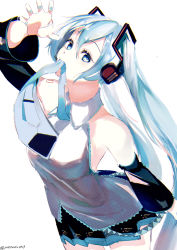 Rule 34 | 1girl, absurdres, aqua eyes, aqua hair, aqua nails, aqua necktie, arm up, bad id, bad pixiv id, bare shoulders, belt, black skirt, black sleeves, blouse, claw pose, commentary, cowboy shot, detached sleeves, grey shirt, hair ornament, hatsune miku, headphones, highres, huge filesize, long hair, looking at viewer, looking to the side, meme, miniskirt, mouth hold, nail polish, necktie, necktie in mouth, pleated skirt, potetoneko, shirt, skirt, sleeveless, sleeveless shirt, solo, twintails, twitter username, very long hair, vocaloid, white background