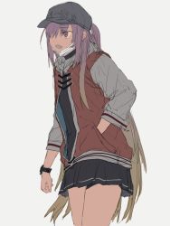 Rule 34 | 1girl, atkm2, black skirt, blonde hair, fang, hair over one eye, hand in pocket, highres, jacket, long hair, long sleeves, miniskirt, multicolored hair, one eye covered, open mouth, original, ponytail, purple eyes, purple hair, red jacket, simple background, skirt, solo, standing, two-tone hair, very long hair, white background