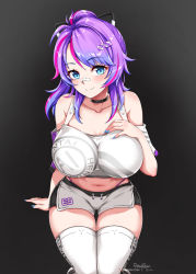 Rule 34 | 1girl, bandaid, bandaid on face, bandaid on nose, bare shoulders, blue eyes, blue hair, blush, breasts, collarbone, dated, foxyreine, grey background, highres, indie virtual youtuber, large breasts, looking at viewer, melody (projektmelody), multicolored hair, nail polish, navel, patreon username, purple hair, signature, smile, solo, stomach, thighhighs, thighs, virtual youtuber, vshojo, white thighhighs