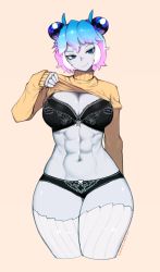 Rule 34 | 1girl, abs, antennae, arm behind back, arthropod girl, black bra, black panties, blue eyes, blue hair, bra, breasts, cleavage, clothes lift, colored skin, cowboy shot, cropped legs, curvy, extra eyes, eyebrows, eyelashes, female focus, flora (taikodon), gradient hair, grey skin, head tilt, highres, lace, lace-trimmed bra, lace trim, large breasts, lifting own clothes, looking at viewer, matching hair/eyes, monster girl, multicolored hair, muscular, muscular female, narrow waist, navel, original, panties, pink hair, short hair, simple background, sleeves past wrists, smile, solo, striped clothes, striped thighhighs, sweater, sweater lift, taikodon, thick thighs, thighhighs, thighs, turtleneck, underwear, vertical-striped clothes, vertical-striped thighhighs, very short hair, white hair, white thighhighs, wide hips