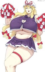 Rule 34 | 1girl, blonde hair, bow, breasts, cheerleader, cleavage cutout, clothing cutout, commentary, curvy, english commentary, hair between eyes, hair bow, hat, hat ribbon, highres, holding, holding pom poms, huge breasts, long hair, looking at viewer, low-tied long hair, miniskirt, mob cap, navel, omikami, open mouth, pleated skirt, pom pom (cheerleading), pom poms, purple skirt, red bow, red ribbon, ribbon, simple background, skirt, solo, thigh strap, touhou, twitter username, underboob, white background, white hat, yakumo yukari, yellow eyes