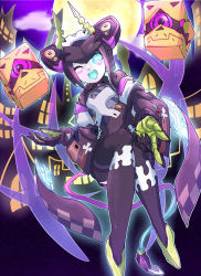 Rule 34 | 1girl, black hair, black pantyhose, blue eyes, blue sclera, broken, broken chain, building, chain, cloud, colored sclera, cube, dia (world flipper), facial mark, fang, female focus, flat chest, floating, floating object, full body, full moon, green footwear, hair ornament, hairband, hand up, happy, head tilt, highres, humanoid robot, invisible chair, jpeg artifacts, kekewan, knees together feet apart, looking at viewer, moon, night, official alternate costume, one eye closed, open mouth, outdoors, outline, outstretched arm, pantyhose, purple sky, reaching, reaching towards viewer, robot, shoes, short hair, sidelocks, sitting, skin fang, sky, smile, solo, speaker, thighband pantyhose, white hairband, wink, world flipper