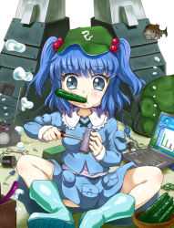 Rule 34 | 1girl, air bubble, backpack, bad id, bad pixiv id, bag, blue eyes, blue hair, boots, bowl, bubble, circuit board, computer, cucumber, fish, food in mouth, hair bobbles, hair ornament, indian style, kawashiro nitori, key, laptop, long sleeves, looking at viewer, matching hair/eyes, mecha, radio, robot, rubber boots, screwdriver, short hair, simple background, sitting, skirt, skirt set, solo, tonakai (bunsuka), tools, touhou, two side up, white background, windows xp, wire, wrench