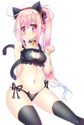Rule 34 | 10s, 1girl, alternate costume, animal ears, bell, beret, black hat, black panties, black ribbon, black thighhighs, blue hair, breasts, cat cutout, cat ear panties, cat ears, cat lingerie, cat tail, choker, cleavage, cleavage cutout, closed mouth, clothing cutout, collarbone, eyebrows, frills, gradient hair, groin, hair ornament, harusame (kancolle), hat, jingle bell, kantai collection, long hair, meme attire, multicolored hair, navel, neck bell, panties, paw pose, pink eyes, ribbon, ringo sui, side-tie panties, side ponytail, simple background, sitting, smile, solo, stomach, tail, thighhighs, underwear, underwear only, white background