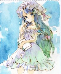 Rule 34 | 1girl, absurdres, alternate costume, ama-tou, arm up, bare shoulders, blue eyes, blue hair, book, crescent, dress, female focus, gradient hair, green hair, hair ribbon, hat, highres, long hair, looking at viewer, matching hair/eyes, multicolored hair, painting (medium), patchouli knowledge, purple dress, ribbon, solo, touhou, traditional media, watercolor (medium)