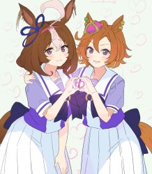 Rule 34 | 2girls, ahoge, animal ears, blue ribbon, bow, bowtie, brown hair, commentary request, crown, ear ribbon, ear wagging, hairband, heart, heart hands, heart hands duo, highres, horse ears, horse girl, horseshoe ornament, looking at viewer, meisho doto (umamusume), mini crown, momose sumomo, multicolored hair, multiple girls, orange hair, pink hairband, pleated skirt, puffy short sleeves, puffy sleeves, purple bow, purple bowtie, purple eyes, purple serafuku, purple shirt, ribbon, sailor collar, sailor shirt, school uniform, serafuku, shirt, short hair, short sleeves, skirt, smile, t.m. opera o (umamusume), tracen school uniform, two-tone hair, umamusume, white sailor collar, white skirt
