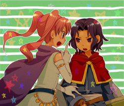 Rule 34 | 2girls, bare shoulders, blush, book, cape, cleric, couple, cowboy shot, elbow gloves, erk (fire emblem), eye contact, closed eyes, fire emblem, fire emblem: the blazing blade, gloves, green background, hood, hood down, hooded cape, index finger raised, long hair, looking at another, lowres, multiple girls, nintendo, open mouth, orange hair, pink hair, purple cape, purple eyes, purple hair, serious, serra (fire emblem), short hair, smile, star (symbol), striped, striped background, talking, twintails, two-tone background, white background