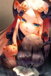 Rule 34 | 1girl, abigail williams (fate), artist request, black bow, black hat, blonde hair, blue eyes, blush, bow, closed mouth, dress, fate/grand order, fate (series), forehead, hat, highres, long hair, long sleeves, looking at viewer, multiple bows, orange bow, parted bangs, ribbed dress, sleeves past fingers, sleeves past wrists, smile, stuffed animal, stuffed toy, teddy bear