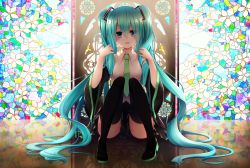 Rule 34 | 1girl, backlighting, bare shoulders, black footwear, black skirt, black thighhighs, blue eyes, blue hair, blush, boots, breasts, collared shirt, commentary request, day, detached sleeves, different reflection, full body, green necktie, hair between eyes, hair ornament, hatsune miku, head tilt, highres, hot kakigoori, long hair, long sleeves, looking at viewer, medium breasts, necktie, parted lips, pleated skirt, reflection, shirt, sidelocks, sitting, skirt, sleeveless, sleeveless shirt, solo, stained glass, thigh boots, thighhighs, twintails, very long hair, vocaloid, white shirt, wide sleeves