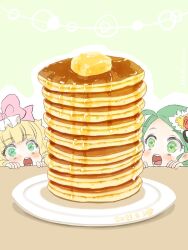 Rule 34 | 2girls, ahoge, blunt bangs, blush, bow, butter, commentary request, dated, flower, food, green background, green eyes, green hair, hair bow, head only, hinaichigo, kanaria, kiru (m putorius), looking at food, maple syrup, multiple girls, open mouth, pancake, pancake stack, pink bow, plate, red flower, red rose, rose, rozen maiden, short hair, swept bangs, table, teeth