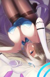 Rule 34 | 1girl, absurdres, animal ears, asuna (blue archive), asuna (bunny) (blue archive), bare shoulders, black pantyhose, blue archive, blue eyes, blue leotard, blue ribbon, breasts, brown hair, cleavage, commentary request, fake animal ears, gloves, grin, hair ornament, hair ribbon, halo, highleg, highleg leotard, highres, large breasts, legs together, leotard, light particles, long hair, looking at viewer, lying, mole, mole on breast, no bra, official alternate costume, on back, pantyhose, playboy bunny, ribbon, smile, solo, strapless, strapless leotard, tako-san wiener (takosanuma), upside-down, white gloves