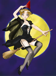 Rule 34 | 1girl, adjusting clothes, adjusting headwear, blonde hair, breasts, broom, full body, hat, high heels, lowres, moon, nail polish, purple background, red nails, solo, witch