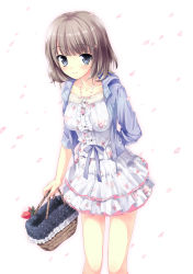 Rule 34 | 1girl, bad id, bad pixiv id, bag, basket, blue eyes, blunt bangs, blush, brown hair, cherry blossoms, collarbone, dress, floral print, food, fruit, hair ornament, hairclip, highres, jacket, jewelry, kimishima ao, leaning forward, looking at viewer, necklace, original, pendant, petals, polka dot, short hair, skirt, skirt set, solo, strawberry