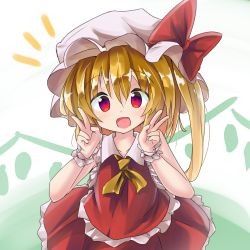 Rule 34 | 1girl, :d, blonde hair, blush, bow, collarbone, commentary request, double v, flandre scarlet, hair between eyes, hands up, hat, hat bow, highres, long hair, looking at viewer, mob cap, one side up, open mouth, red bow, red eyes, red shirt, red skirt, ryogo, shirt, skirt, skirt set, sleeveless, sleeveless shirt, smile, solo, touhou, v, white hat, wings, wrist cuffs, yellow neckwear