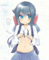 Rule 34 | 10s, 1girl, blush, bow, clothes lift, constanze amalie von braunschbank-albrechtsberger, hair bow, hair ribbon, lifted by self, little witch academia, midriff, navel, ponytail, red bow, ribbon, school uniform, self exposure, shirt lift, simple background, skirt, solo, spoken blush, stomach, sweatdrop, trigger (company), white background