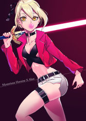 Rule 34 | 1girl, artoria pendragon (fate), belt, belt buckle, black belt, black ribbon, blonde hair, breasts, blowing bubbles, buckle, chewing gum, cleavage, collar, collarbone, excalibur (fate/stay night), fate/grand order, fate (series), hair between eyes, hair ribbon, higa-tsubasa, highres, holding, holding sword, holding weapon, jacket, long sleeves, looking at viewer, medium breasts, midriff, mysterious heroine x alter (fate), nail polish, navel, open clothes, open jacket, red jacket, red nails, ribbon, short hair, short shorts, shorts, sideboob, solo, stomach, sword, thigh strap, weapon, white shorts, yellow eyes