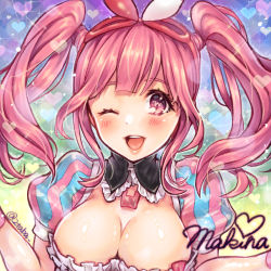Rule 34 | 10s, 1girl, ;d, aoi futaba (aoi2taba), breasts, character name, character signature, cleavage, large breasts, macross, macross delta, makina nakajima, one eye closed, open mouth, pink eyes, pink hair, signature, smile, twintails, wink