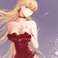 Rule 34 | 1girl, alternate costume, arm behind back, bare shoulders, blonde hair, braid, breasts, choker, cleavage, commentary request, dress, earrings, filha, flower, french braid, girls&#039; frontline, hand on own chest, jewelry, long hair, looking at viewer, nail polish, ots-14 (girls&#039; frontline), petals, purple background, red choker, red dress, red flower, red nails, red rose, ring, rose, signature, sleeveless, sleeveless dress, solo, upper body, wedding band, yellow eyes