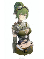 Rule 34 | 1girl, arknights, arm at side, belt, between breasts, breasts, cleavage, closed mouth, cowboy shot, dot nose, expressionless, gas mask, gavial (arknights), gavial the invincible (arknights), goggles, goggles on head, green hair, green skirt, hair between eyes, hand on own hip, highres, large breasts, mask, midriff, navel, nuanpapa, pointy ears, simple background, sketch, skirt, solo, tassel, unfinished, v-shaped eyebrows, white background, yellow eyes