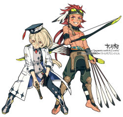 Rule 34 | 2boys, abs, arrow (projectile), artist name, barefoot, blonde hair, boots, bow (weapon), dark-skinned male, dark skin, facial mark, feathers, fingerless gloves, full body, gloves, goggles, goggles on head, grin, gun, hat, headband, japants, long coat, long hair, looking at viewer, male focus, monocle, multiple boys, orange eyes, original, pants, ponytail, red hair, simple background, single glove, sleeves rolled up, smile, tassel, toned, topless male, weapon, white background, wrist cuffs
