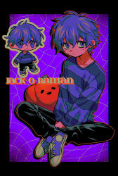 Rule 34 | 1boy, black border, black pants, border, character name, chibi, closed mouth, collarbone, converse, crossed legs, full body, hair behind ear, highres, jack-o&#039; ran-tan, knees apart feet together, long sleeves, looking at viewer, menma (enaic31), messy hair, orange outline, pants, purple background, purple eyes, purple footwear, purple hair, purple shirt, retro artstyle, shirt, short hair, sitting, solo, striped clothes, striped shirt, v arms