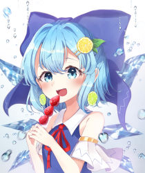 Rule 34 | absurdres, ametama (runarunaruta5656), bad id, bad pixiv id, bare shoulders, blue dress, blue eyes, blue hair, blue ribbon, blue shirt, blush, bow, cirno, collarbone, collared shirt, detached sleeves, dress, food, food on head, fruit, fruit on head, hair bow, hair ornament, highres, ice, ice wings, leaf, lemon, lime (fruit), lime slice, object on head, open mouth, red bow, red ribbon, ribbon, shirt, short hair, strawberry, touhou, upper body, water drop, wing collar, wings