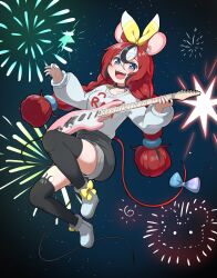 Rule 34 | 1girl, absurdres, animal ears, black choker, black thighhighs, blue eyes, bow, braid, choker, electric guitar, fireworks, grey shorts, guitar, hakos baelz, highres, holding, holding instrument, holding plectrum, hololive, hololive english, instrument, key, long hair, mouse ears, mouse tail, plectrum, red hair, shorts, snowmya, strawberry baelz, sweater, tail, tail bow, tail ornament, thighhighs, twin braids, virtual youtuber, white sweater