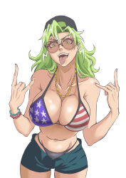 Rule 34 | 1girl, absurdres, american flag bikini, backwards hat, baseball cap, bikini, bleach, bleach: sennen kessen-hen, bracelet, breasts, candice catnipp, cleavage, collarbone, cosplay, flag print, gloves, grand theft auto, grand theft auto vi, green eyes, green hair, hand gesture, hat, highres, jewelry, large breasts, long hair, looking at viewer, matching hair/eyes, necklace, open mouth, rakusakugk, redneck girl (gta vi), redneck girl (gta vi) (cosplay), shorts, simple background, solo, stomach, sunglasses, swimsuit, tongue, tongue out, upper body, white background